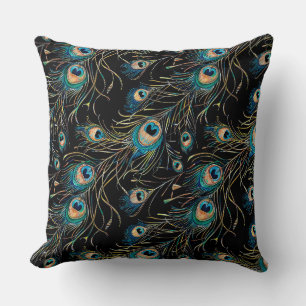 Freehand drawing with watercolor pencils of peacoc cushion