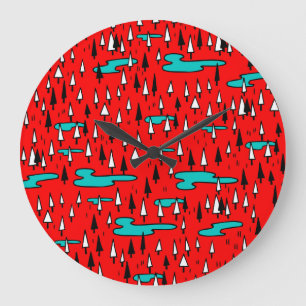 Freehand trees: Scandinavian Christmas pattern. Large Clock