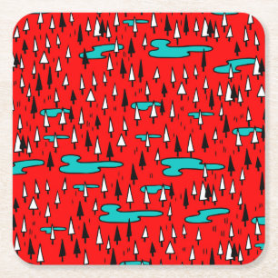 Freehand trees: Scandinavian Christmas pattern. Square Paper Coaster