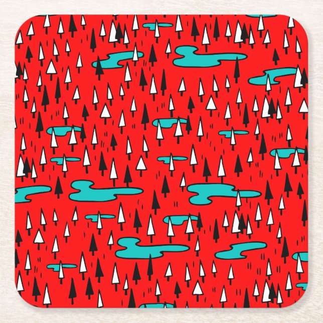 Freehand trees: Scandinavian Christmas pattern. Square Paper Coaster (Front)