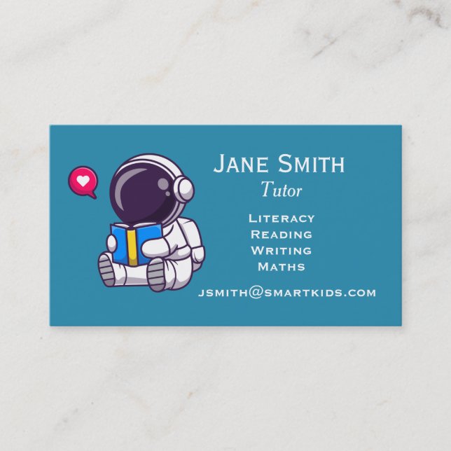 Freelance literacy tutor or teacher astronaut business card (Front)