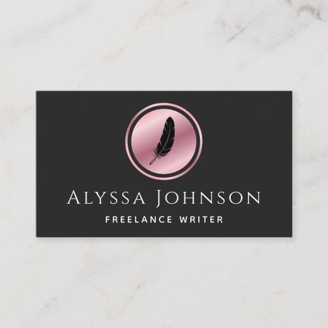 Freelance Writer Copywriter Minimal Rose Gold Logo Business Card (Front)
