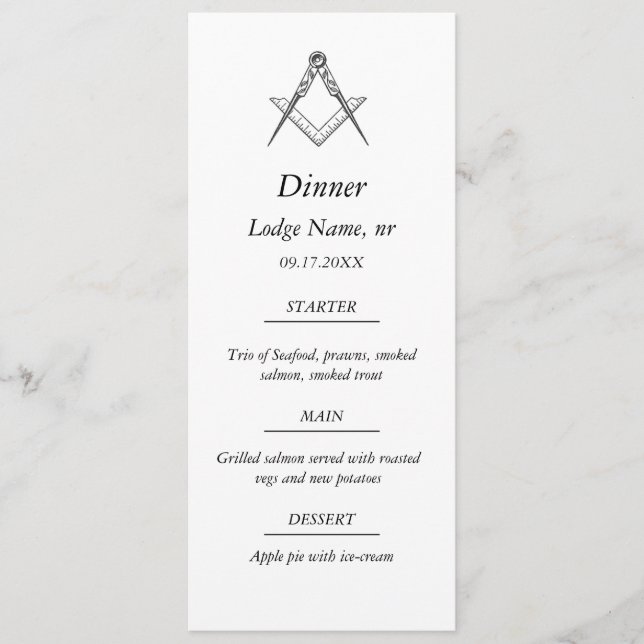 Freemason Masonic Masonry Dinner Food  Menu (Front)