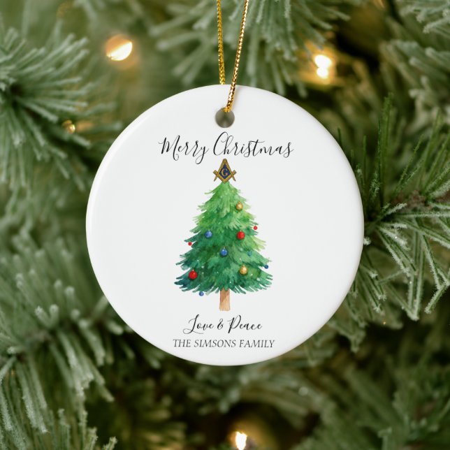 Freemason Masonic Pine Merry Christmas Tree  Ceramic Ornament (Tree)