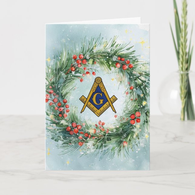 Freemason Masonic Watercolor Christmas Wreath Holiday Card (Front)