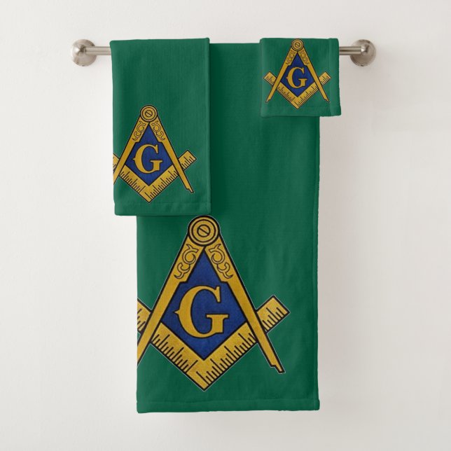 Freemason Square and Compass Masonic Emerald Green Bath Towel Set (Insitu)