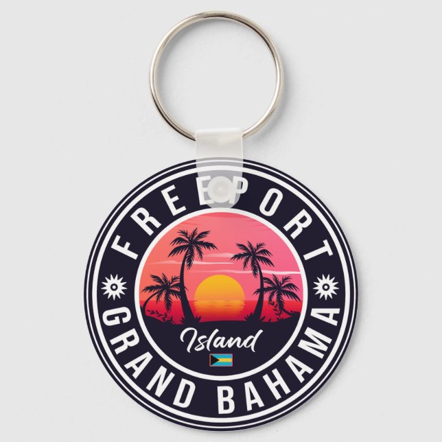 Freeport Bahamas Retro Sunset Souvenirs 60s Key Ring (Front)