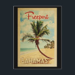 Freeport Palm Tree Vintage Travel Postcard<br><div class="desc">A uniquely retro mid-century modern Freeport Bahamas art print in vintage travel poster style. It features a curved palm tree on sandy beach with ocean under a blue cloudy sky.</div>