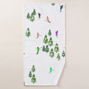 Freeride Alpine Skiers Skiing Illustration Party  Bath Towel
