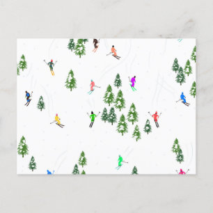 Freeride Alpine Skiers Skiing Illustration Party   Postcard