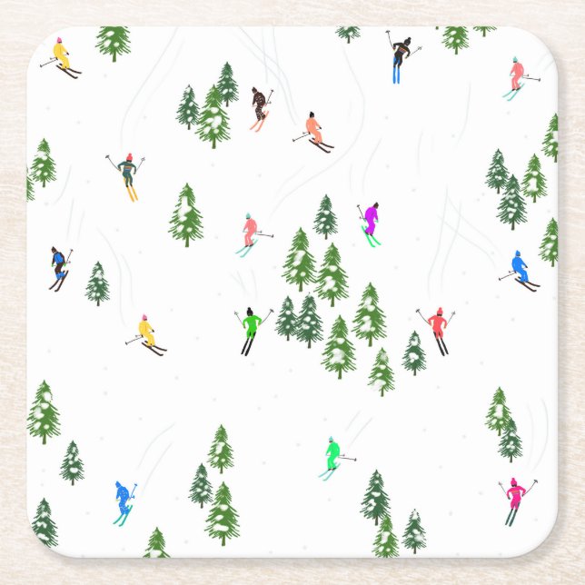 Freeride Alpine Skiers Skiing Illustration Party   Square Paper Coaster (Front)