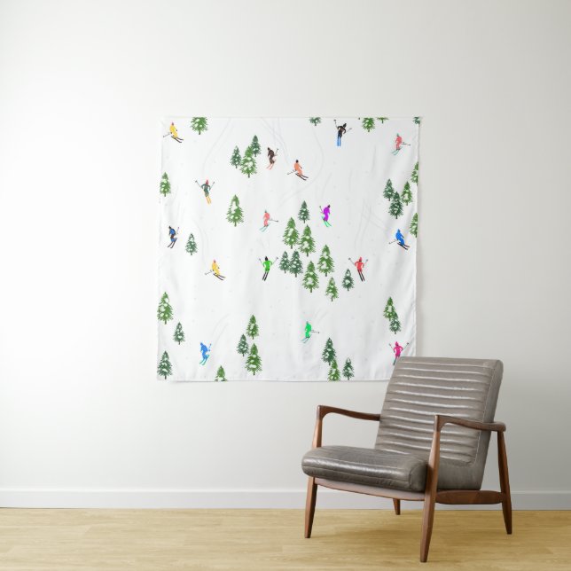 Freeride Alpine Skiers Skiing Illustration Party   Tapestry (In Situ)