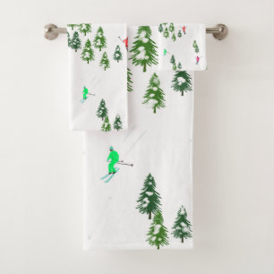 Freeride Alpine Skiers Skiing Illustration Ski  Bath Towel Set