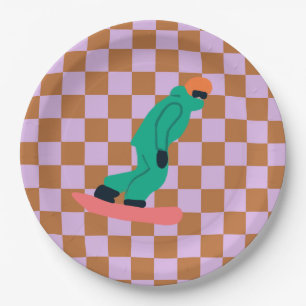 Freeride Snowboarder Green Suit Checkered  Paper Plate
