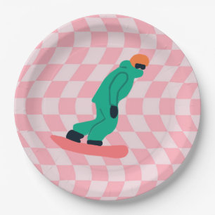 Freeride Snowboarder Green Suit Chequered Pink Paper Plate