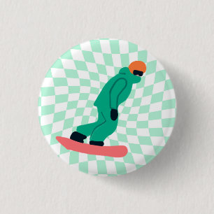 Freeride Snowboarder In Green Suit Checkered 3 Cm Round Badge