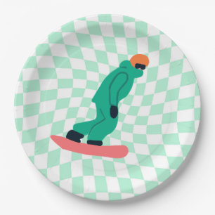 Freeride Snowboarder In Green Suit Checkered Mint Paper Plate
