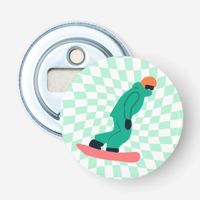 Freeride Snowboarder In Green Suit Chequered   Bottle Opener (Front)