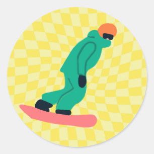 Freeride Snowboarder In Green Suit Chequered Classic Round Sticker