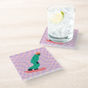 Freeride Snowboarder In Green Suit Chequered Glass Coaster