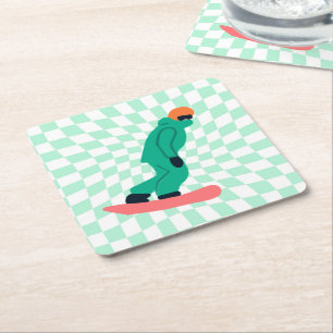 Freeride Snowboarder In Green Suit Chequered Square Paper Coaster