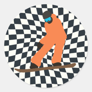 Freeride Snowboarder In Orange Suit Chequered Classic Round Sticker