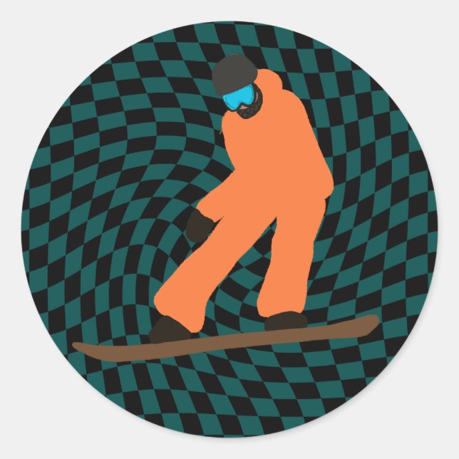 Freeride Snowboarder In Orange Suit Chequered Classic Round Sticker (Front)