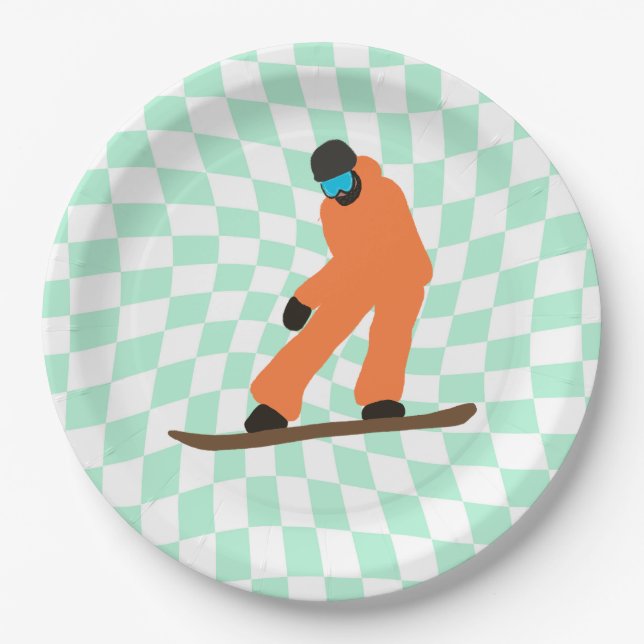Freeride Snowboarder In Orange Suit Chequered   Paper Plate (Front)