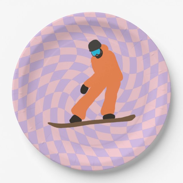 Freeride Snowboarder In Orange Suit Chequered    Paper Plate (Front)