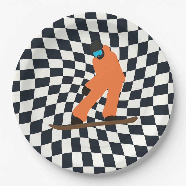Freeride Snowboarder In Orange Suit Chequered   Paper Plate (Front)