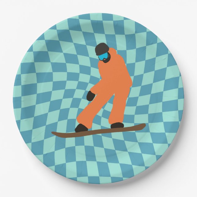 Freeride Snowboarder In Orange Suit Chequered   Paper Plate (Front)