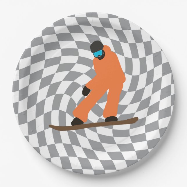 Freeride Snowboarder In Orange Suit Chequered    Paper Plate (Front)