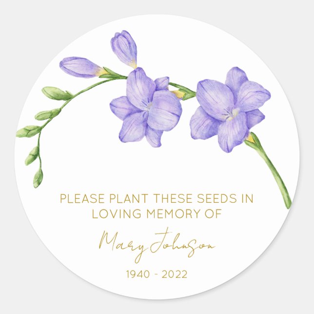 Freesia Memorial Funeral Seed Packet Classic Round Sticker (Front)