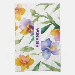 Freesia Watercolor Colourful Personalised Pattern Tea Towel