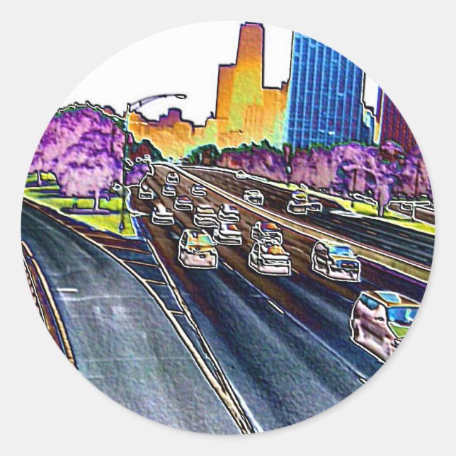 Freeway Driving in Coloured Foil Classic Round Sticker (Front)