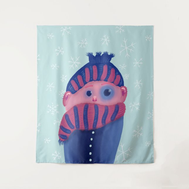 Freezing Kid With Hat And Scarf In Cold Winter Tapestry (Front)