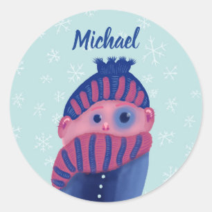 Freezing Kid With Hat And Scarf In Winter Name Classic Round Sticker