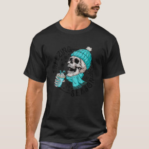 Freezing Winter Season Skull Drinking Coffee Merry T-Shirt