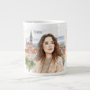 Freiburg, Germany,Woman with a Freiburg City View Large Coffee Mug