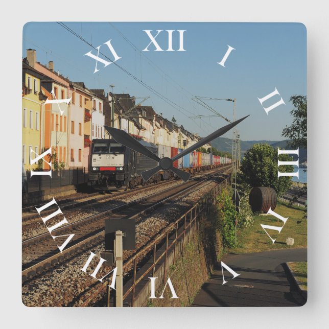 Freight train at Lorchhausen am Rhein Square Wall Clock (Front)