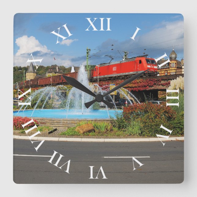 Freight train in Linz am Rhein Square Wall Clock (Front)