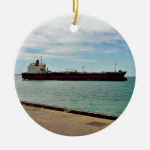Freighter ship sailing on sea ceramic tree decoration