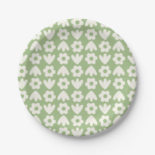 Freja Flowers Floral Pattern Sage Green and Cream Paper Plate
