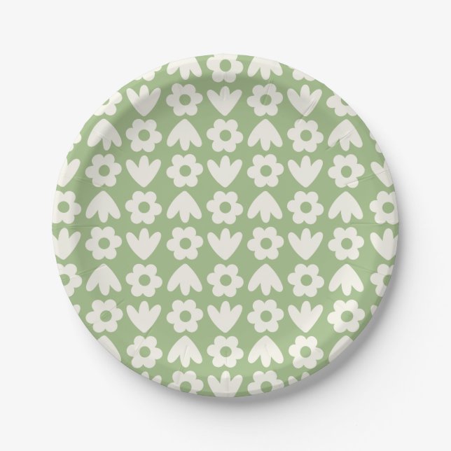 Freja Flowers Floral Pattern Sage Green and Cream Paper Plate (Front)