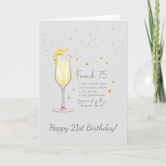 French 75 Cocktail 21st Happy Birthday Card (Front)