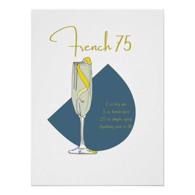 French 75 Cocktail Recipe Art Print | Home Bar Dec (Front)