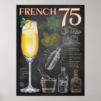 French 75 Cocktail Recipe Chalkboard Bar Art Poster