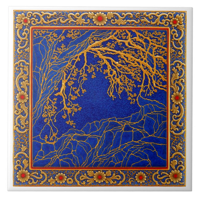 French Alps Blue Gold + Carnelian Ceramic Tile (Front)