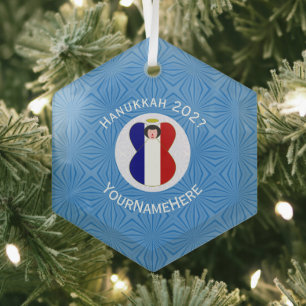 French Angel Hanukkah Flag Personalised Glass Tree Decoration
