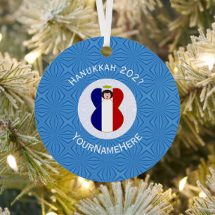 French Angel Hanukkah Flag Personalised Metal Tree Decoration